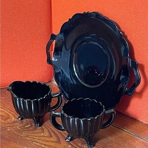 VTG Black Imperial Glass fluted sugar, creamer, and serving plate trio